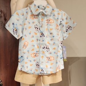 Bluey Button Down Shirt with Cartoon Animal Design.